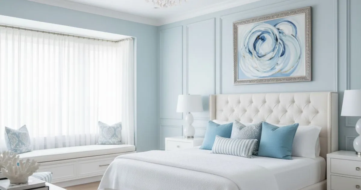 A bright bedroom with a calming Blue and White Bedroom Colour Combinations. It has light blue walls, a tufted white headboard, white bedding, and blue accent pillows.