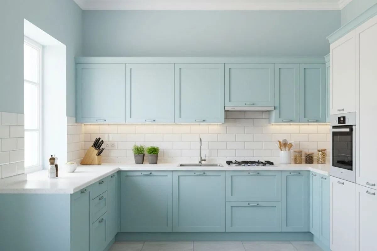 Modular Kitchen Colour Combinations in Vastu-friendly light blue and white. Features light blue cabinets, a white countertop, and a white subway tile backsplash.