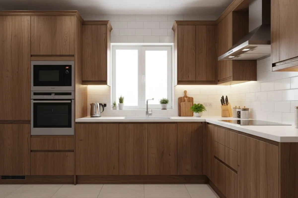 Modular Kitchen Colour Combinations in Vastu-friendly brown wood and white. Features rich wood cabinets, a white countertop, and white brick backsplash tiles.