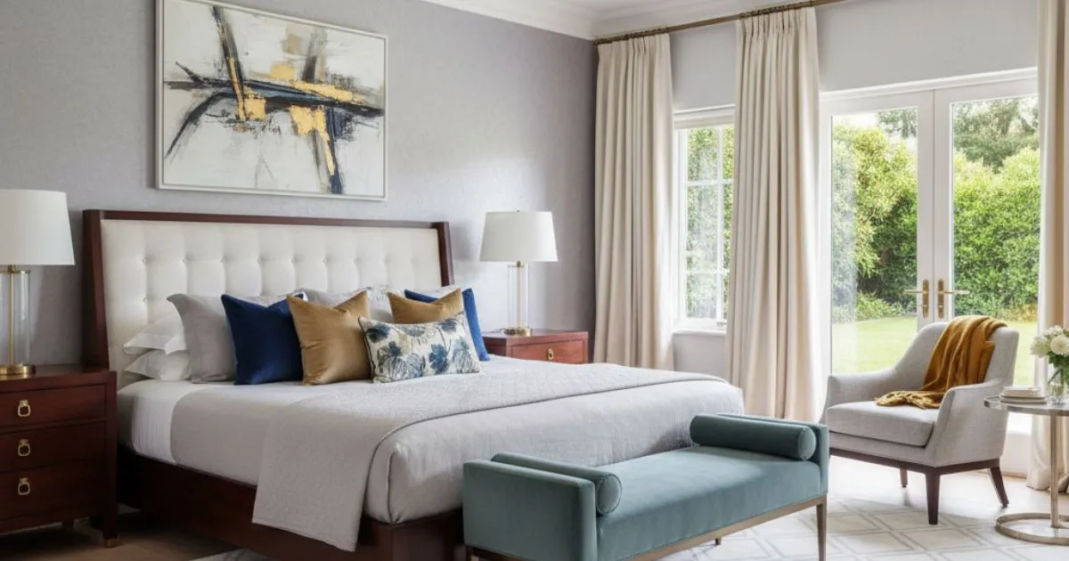 A sophisticated room using Classic White and Soft Grey Bedroom Colour Combinations. The grey walls and white drapes are accented by dark wood nightstands and colorful pillows.