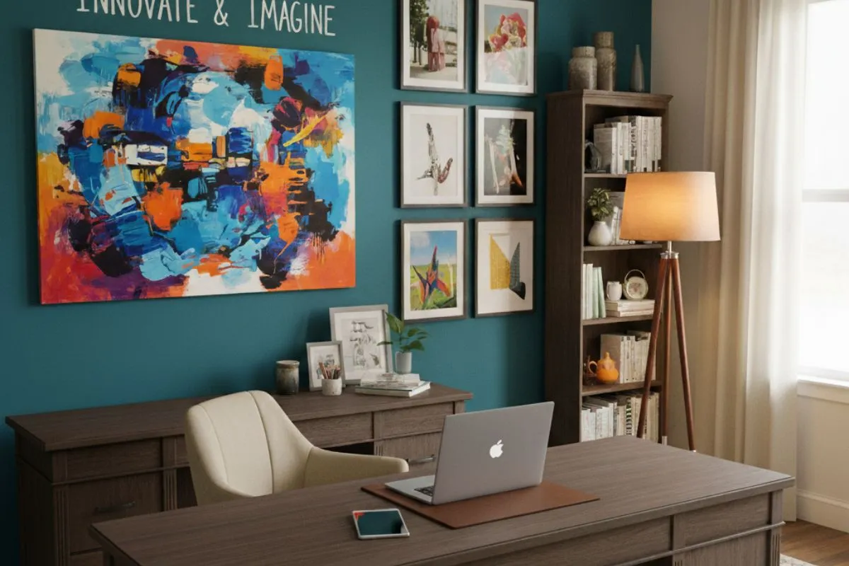 A creative home office with a teal wall, vibrant colorful abstract art, a dark wood desk, and a tall bookcase.