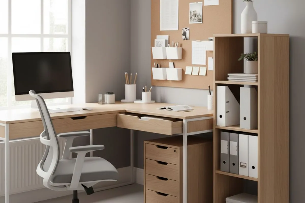 A bright L-shaped wooden desk with a grey mesh chair, a corkboard organizer, and a matching wooden bookshelf.