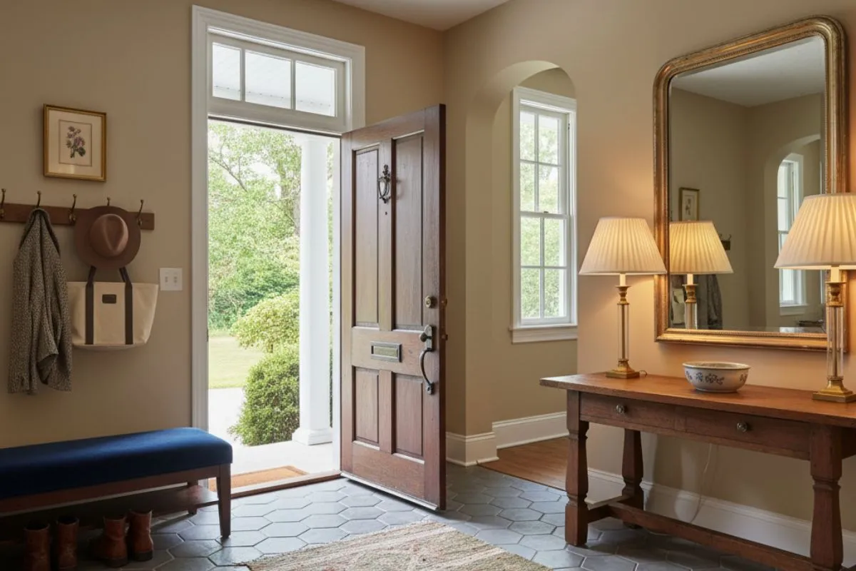 A welcoming entryway with an open solid wood front door, hexagonal floor tiles, a classic wooden console table paired with a gold-framed mirror, and a small bench.