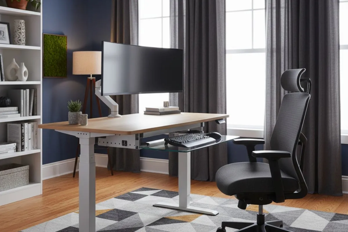 An ergonomic home office featuring an adjustable standing desk, a wide curve monitor setup, and a high-back black chair.