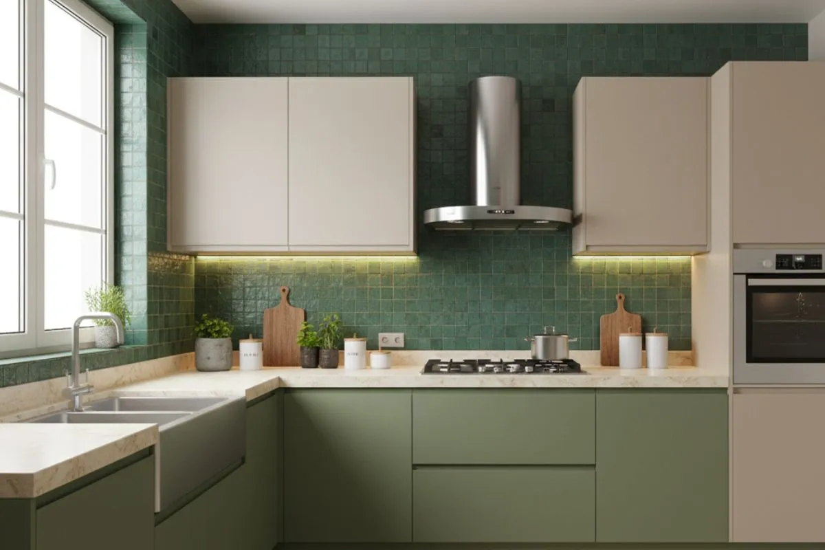 Modular Kitchen Colour Combinations in Vastu-friendly green and beige. Features dark green mosaic tiles, light beige cabinets, and a sage green base.