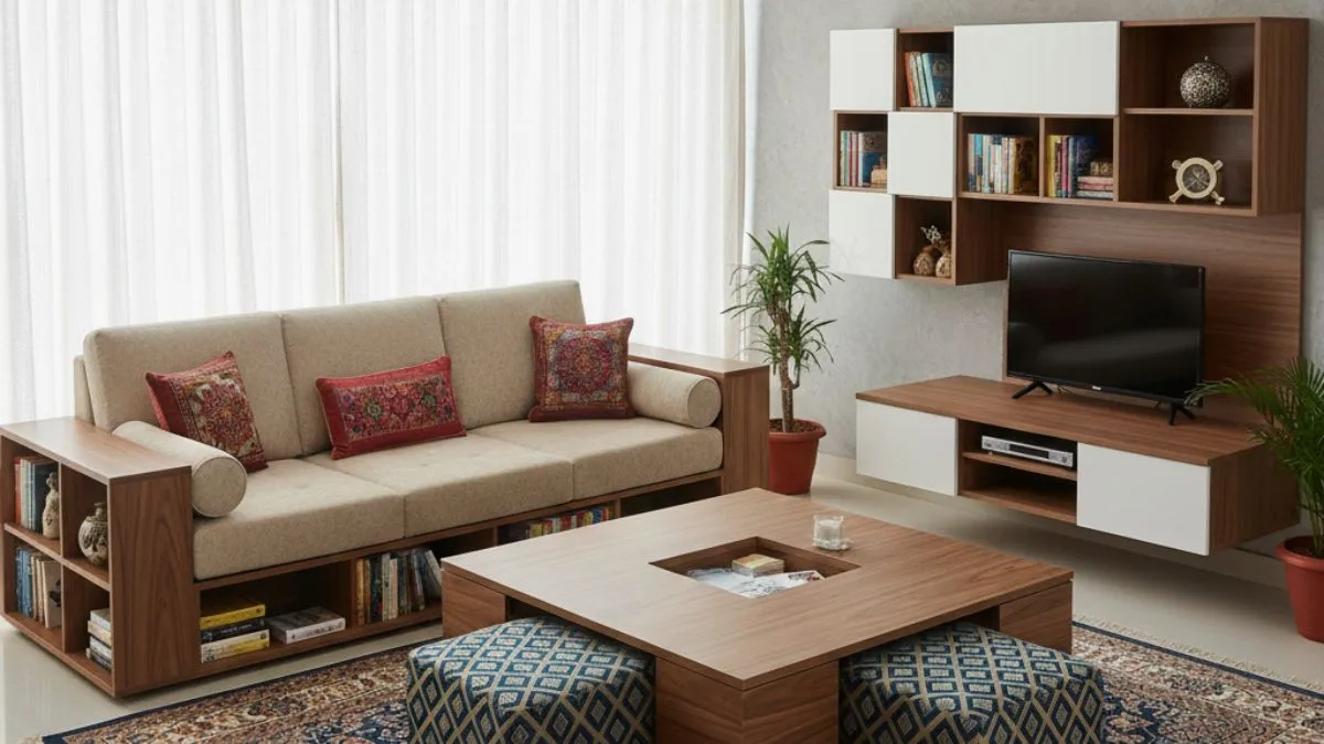 A smart living space showcasing space-saving wooden furniture, including a sofa with built-in side bookshelves, a hollow coffee table, and an integrated TV wall unit.