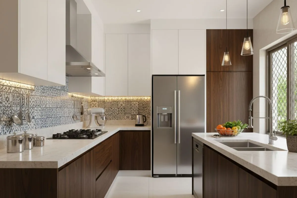 Modern modular kitchen combining sleek white upper cabinets and rich dark wood lower cabinetry, tied together with a patterned grey tiled backsplash and stainless steel appliances.