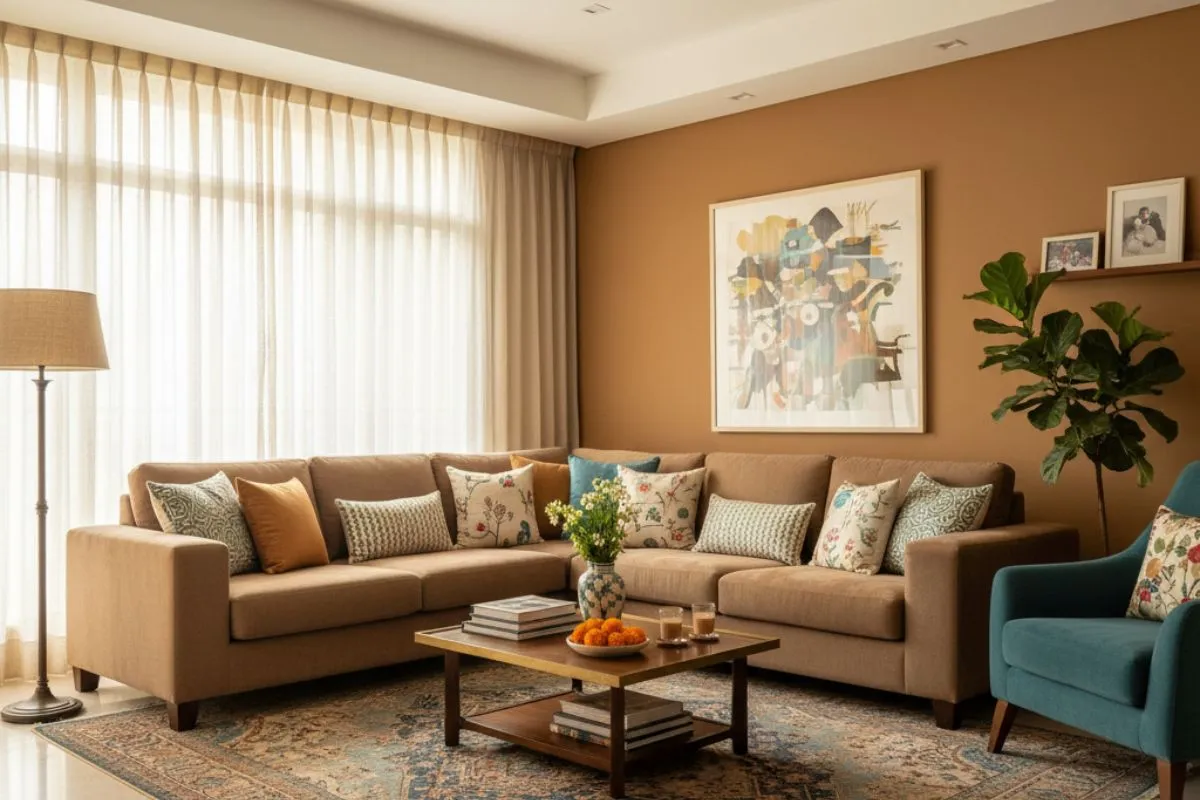 A warm, earthy living room designed with a large brown L-shaped sectional sofa, traditional printed accent cushions, terracotta-toned walls, and a large abstract painting.