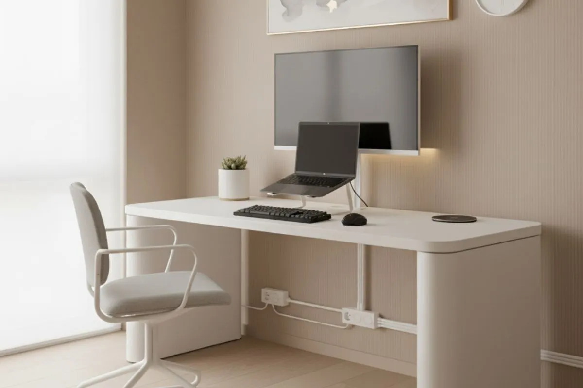 A minimalist, all-white home office desk setup with a dual screen display, matching white chair, and beige wall.