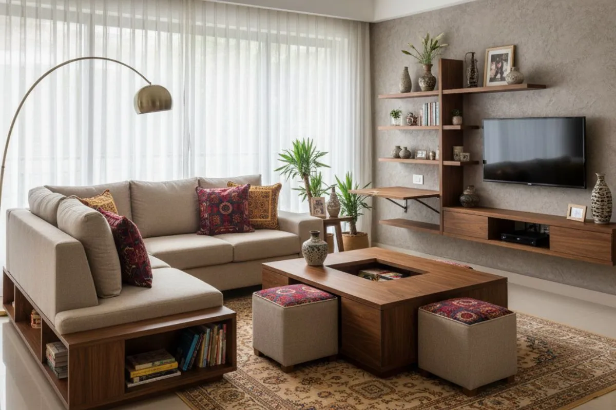 Bright contemporary living area featuring a large arc floor lamp, multi-functional wooden storage furniture, patterned floor stools, and sheer white curtains filtering natural light.