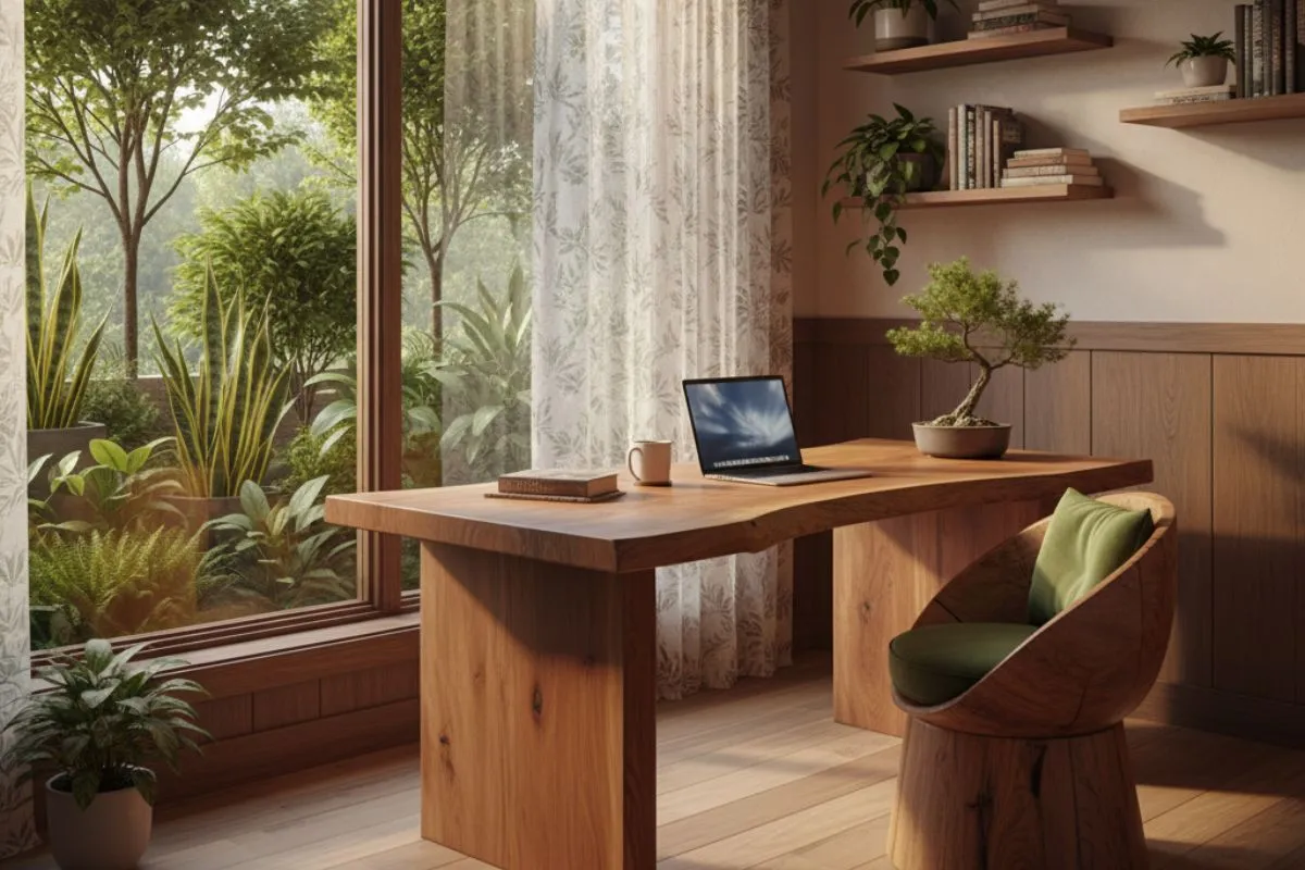 A nature-inspired home office with a solid wood live-edge desk, wooden barrel chair, potted plants, and garden view.