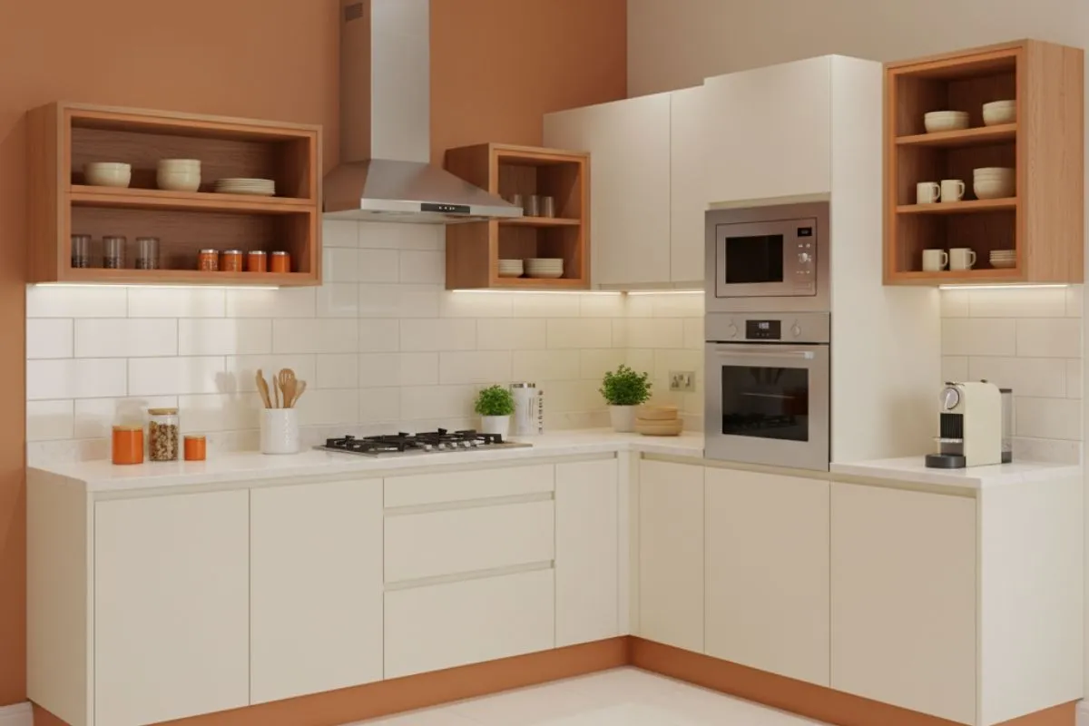 Modular Kitchen Colour Combinations in Vastu-friendly orange and cream. Features light wooden shelves, cream cabinets, and a white subway tile backsplash.