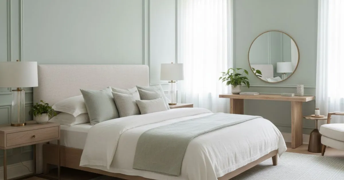 A serene bedroom featuring Pastel Green and Off-White Bedroom Colour Combinations. The walls are a soft green with white trim, and the bed has off-white bedding and light wood furniture.