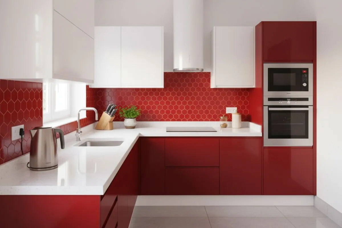 Modular Kitchen Colour Combinations in Vastu-friendly red and white. Features glossy red base cabinets and backsplash with bright white wall cabinets and countertop.