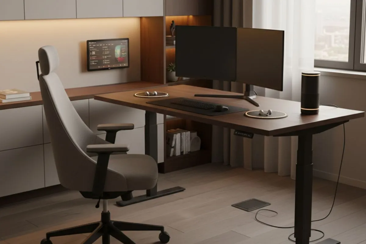 A smart home office with an adjustable desk, dual monitors, a grey ergonomic chair, and an integrated wall tablet.