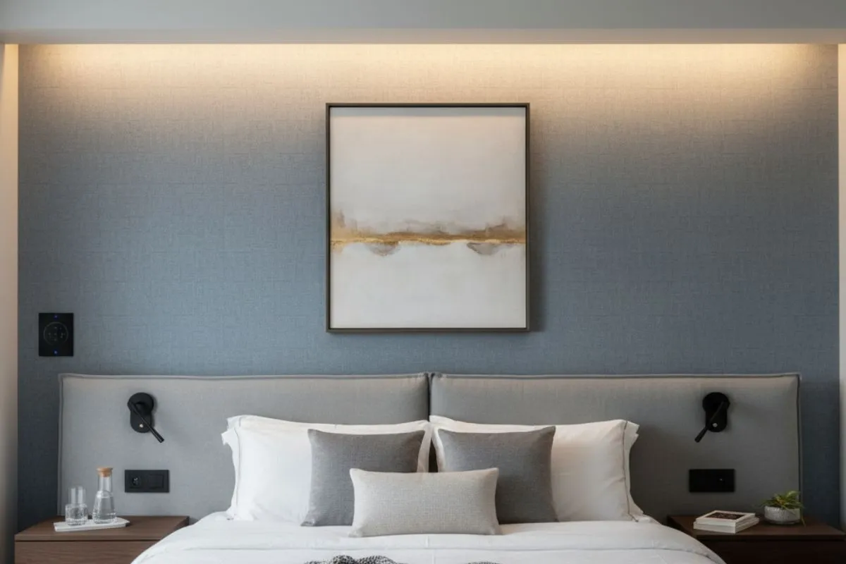 Modern bedroom with a grey textured wall, subtle cove lighting above, and simple abstract art, showcasing integrated Bedroom Wall Design and lighting.