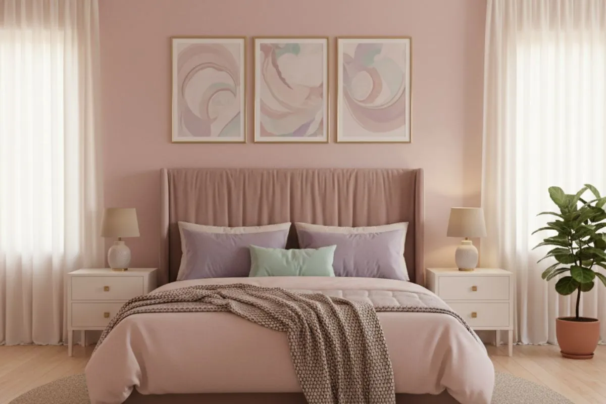Calming bedroom in soft pinks and lavender, with three abstract art prints over the headboard, using a gentle pastel Bedroom Wall Design.