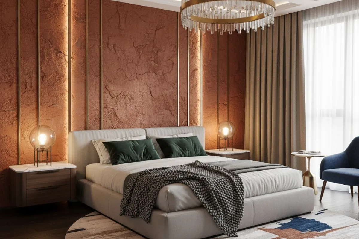 Cozy bedroom with a large bed, featuring a rusty-orange textured plaster accent wall with vertical lighting strips a warm Bedroom Wall Design.
