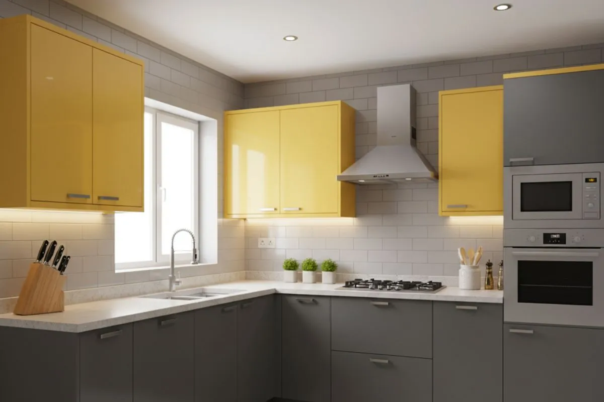Modular Kitchen Colour Combinations in Vastu-friendly yellow and grey. Features bright yellow top cabinets and dark grey base cabinets and tiling.