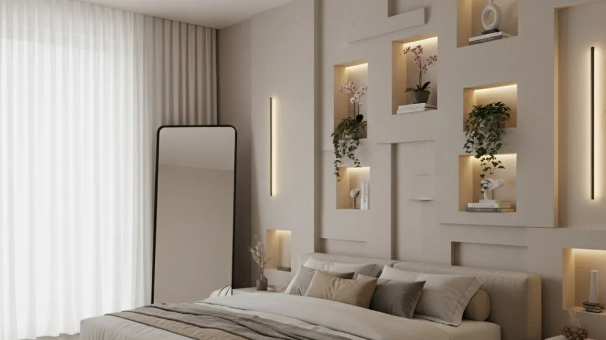 Bedroom Wall Decor Ideas with a large abstract painting highlighted by perimeter lighting above a modern upholstered bed.