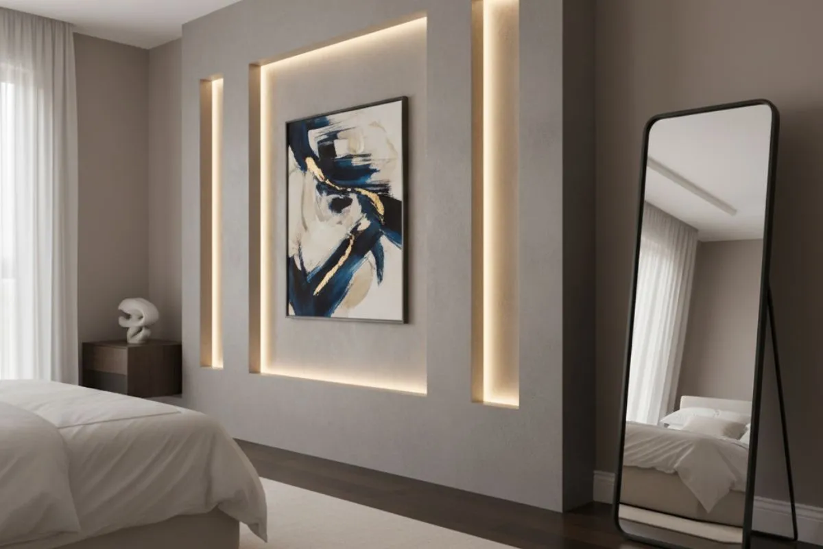 Bedroom Wall Decor Ideas with abstract art in a lit niche and a modern full-length mirror.