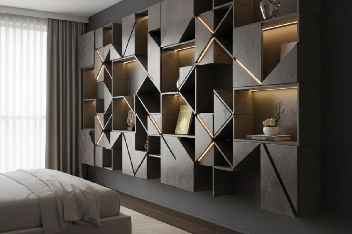 Bedroom Wall Decor Ideas using an intricate, three-dimensional geometric shelving and storage system with interior lighting.