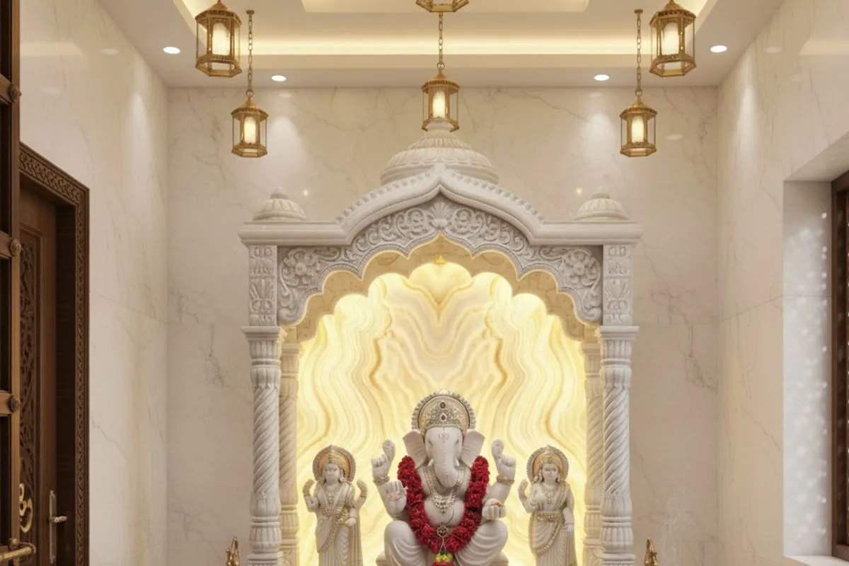 Bright Pooja Room Designs with a false ceiling, warm cove lighting, and ornate hanging lanterns, emphasizing a white marble mandir backdrop.