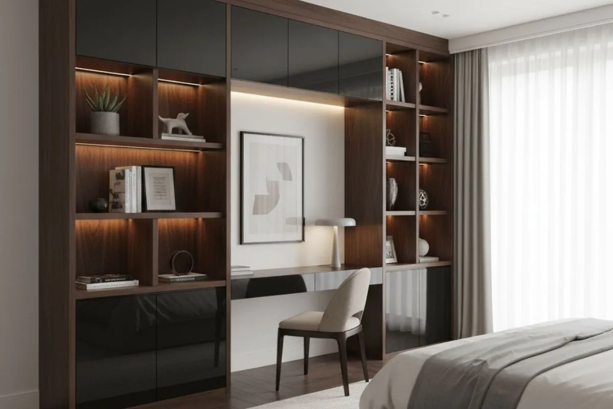 Bedroom Wall Decor Ideas featuring a floor-to-ceiling dark wood shelving unit with a built-in desk and warm accent lighting.