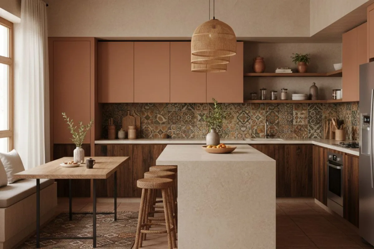 Warm Indian Kitchen Interior with earthy tones. Terracotta and wood cabinets, woven bar stools, natural hanging lights, and rustic tiles create a cozy, natural vibe for the home.