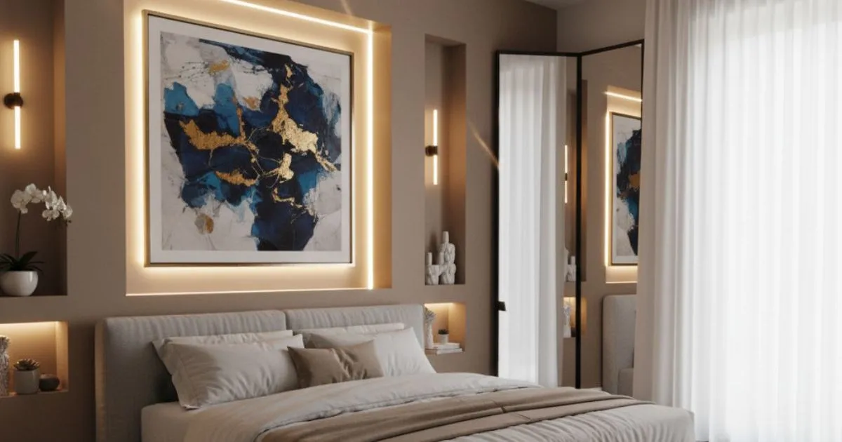 Bedroom Wall Decor Ideas showing a geometric, recessed wall with built-in, lighted shelves for plants and decorative items.