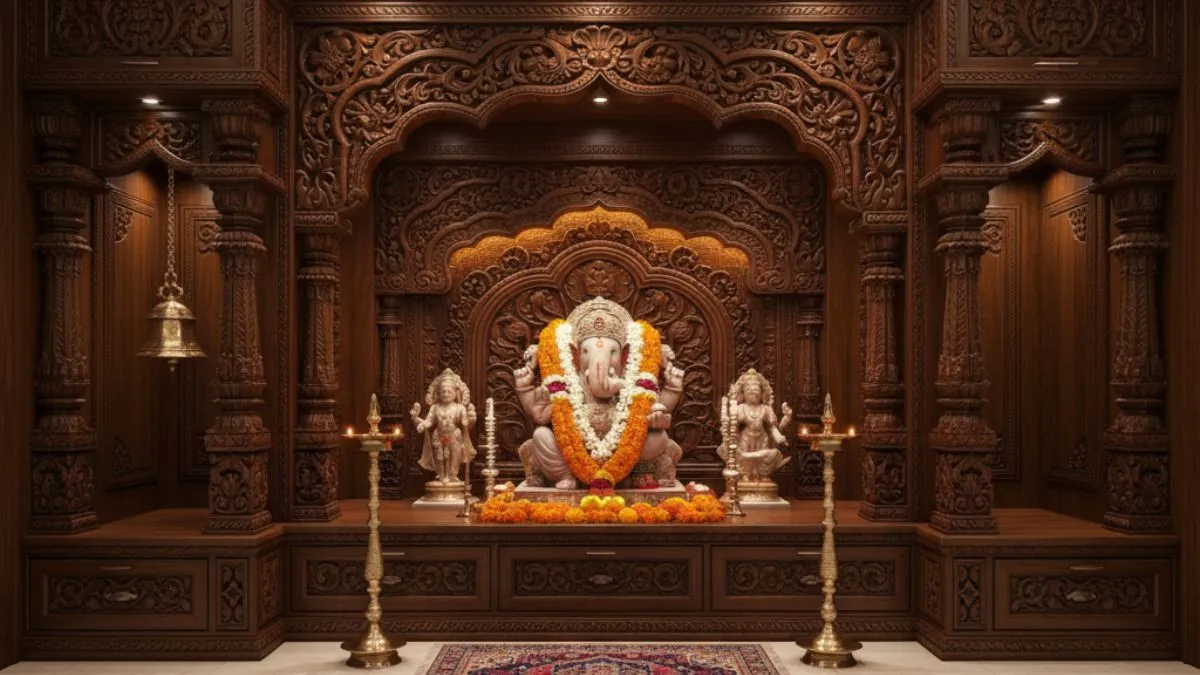 Ornate wooden Pooja room with a central Lord Ganesha idol, intricate carvings, brass diyas, and a hanging bell.