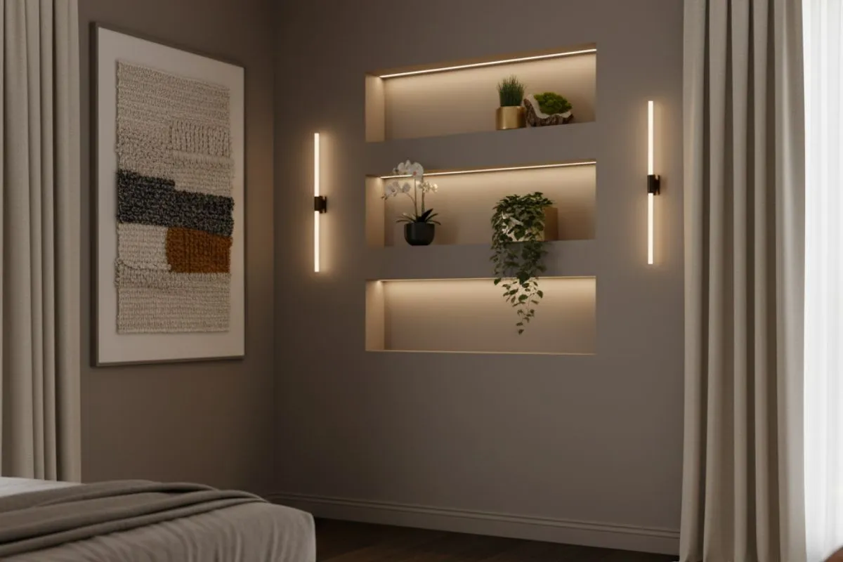 Bedroom Wall Decor Ideas with built-in, illuminated wall niches for plants and artwork, flanked by modern vertical sconces.