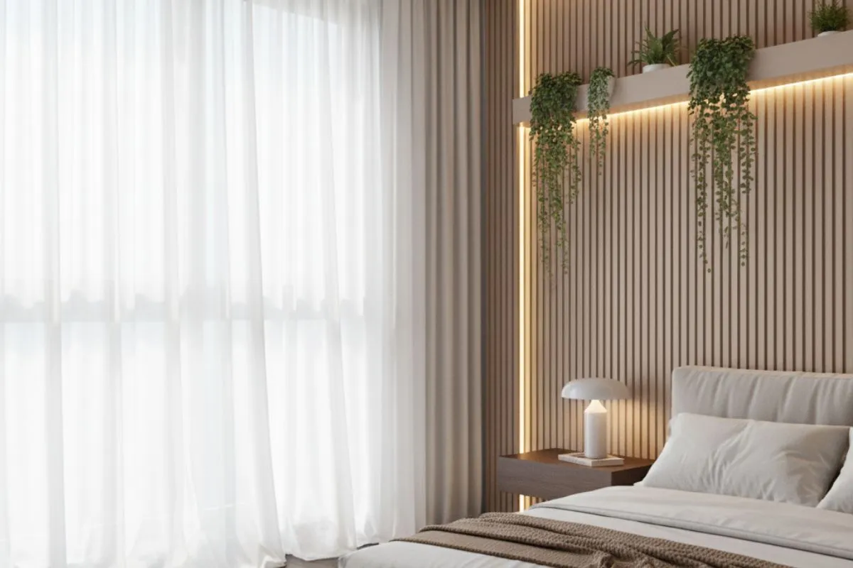 Bedroom Wall Decor Ideas showing a slatted wooden wall panel with a lighted shelf and hanging plants above a bed.