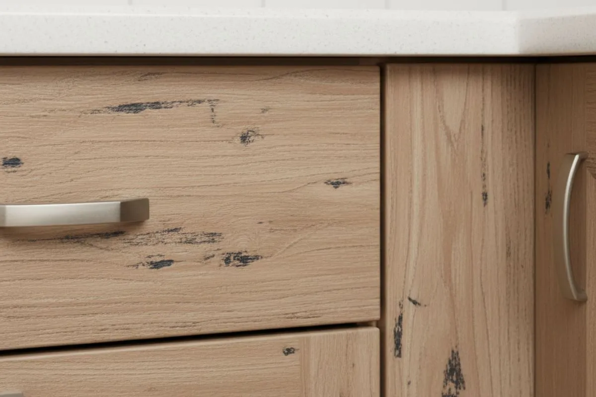 A close-up of a wooden-look kitchen drawer showing peeling/damaged laminate, illustrating Modular Kitchen Materials that break down easily.