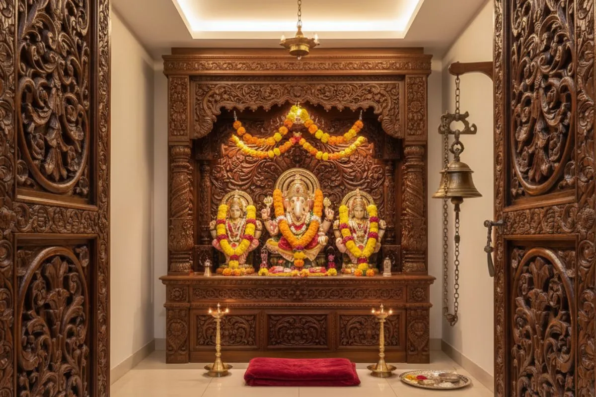 Traditional Pooja Room Designs featuring heavily carved dark wood mandir and matching doors, ideal for a classic and ornate temple feel.