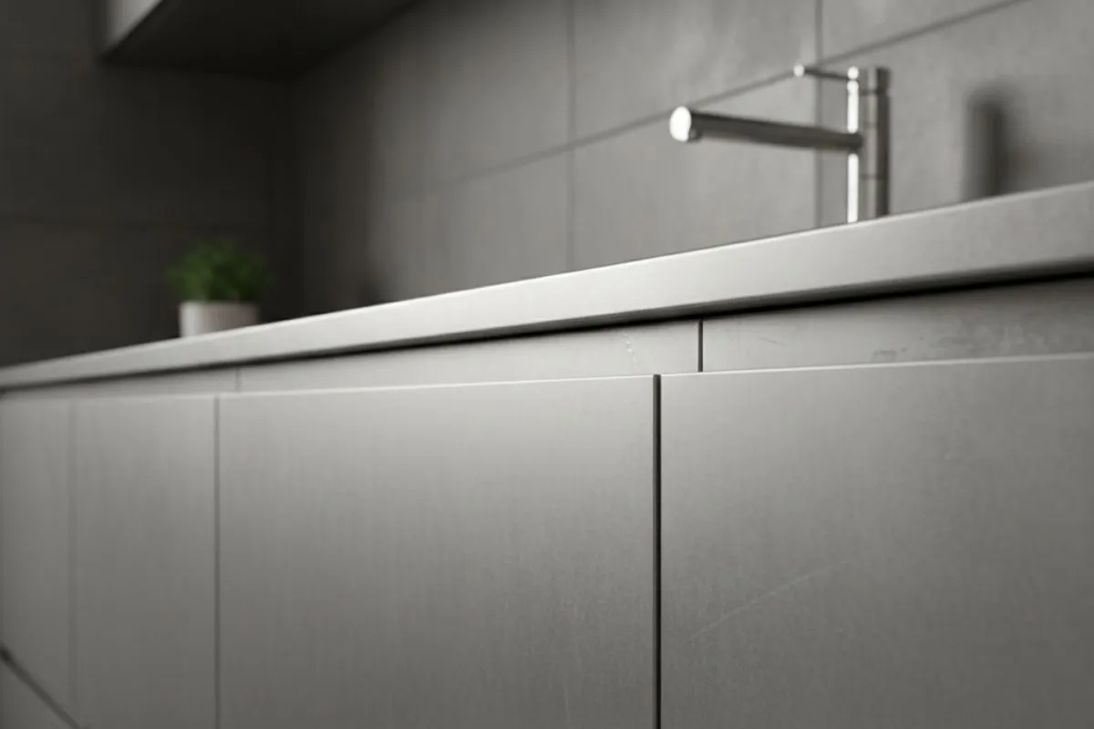 A close-up of grey kitchen cabinets and a faucet, illustrating Modular Kitchen Materials like mild steel which can rust in humid conditions.