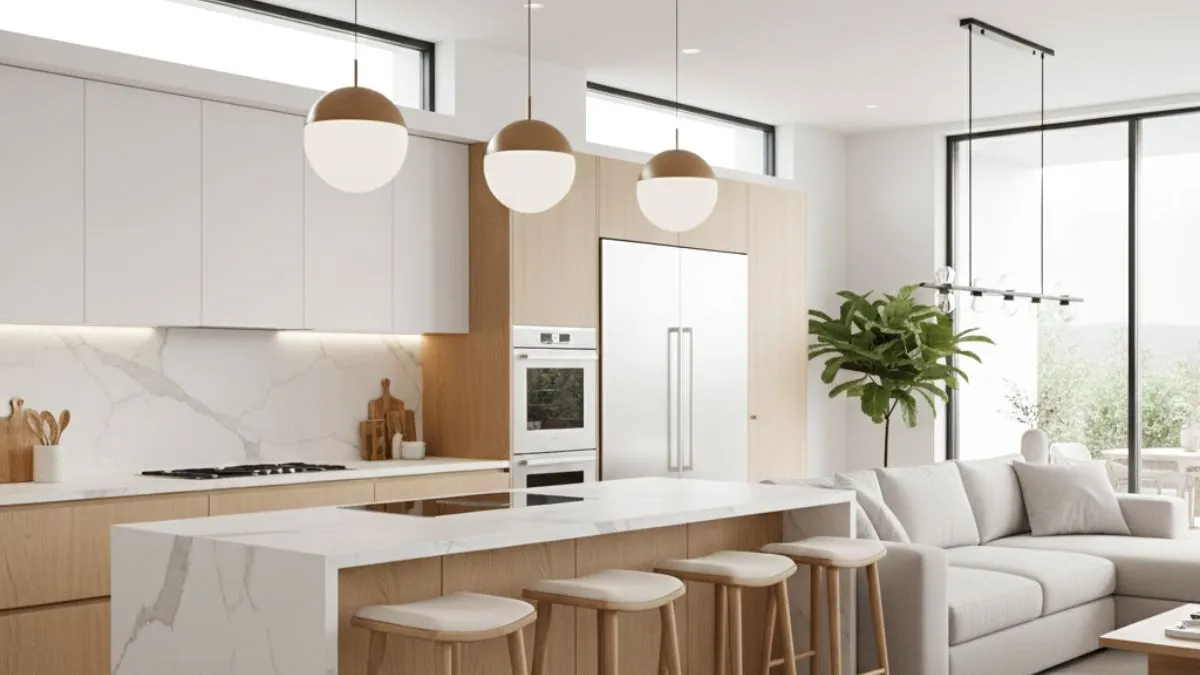 Modern open-plan kitchen with white marble countertops, light wood cabinets, and three globe pendant lights.