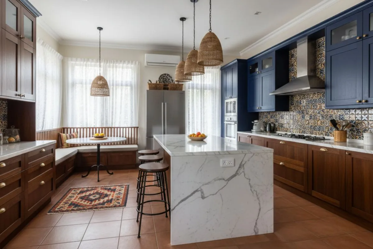 Open-plan Indian Kitchen Interior featuring navy blue and wood cabinets, a large marble island for social gatherings, bright windows, and a colorful tiled backsplash.