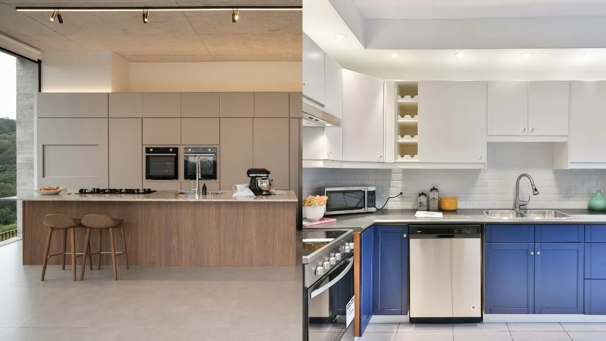 Side-by-side comparison of a spacious beige open kitchen island and a compact blue and white closed kitchen setup.