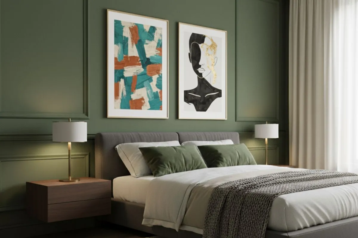 Bedroom Wall Decor Ideas with a deep green paneled wall and two framed abstract artworks above the bed.