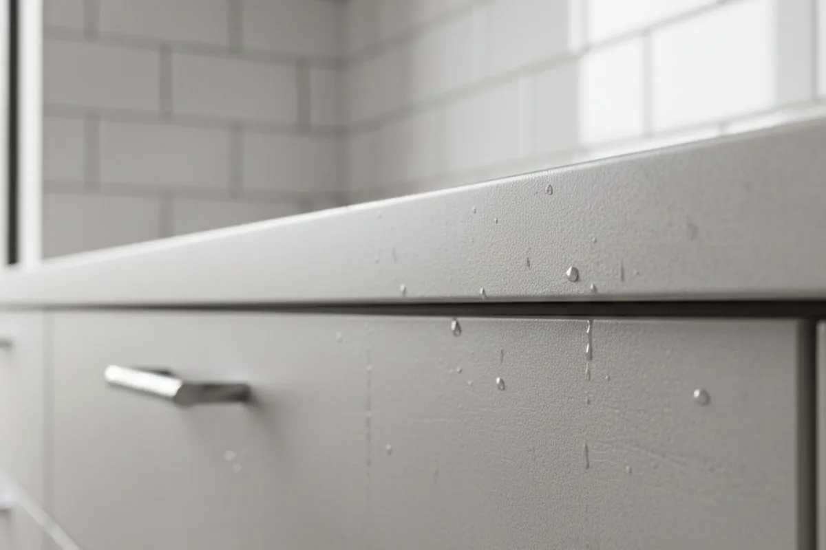 A kitchen counter with water droplets on a cabinet surface, illustrating Modular Kitchen Materials like particle board that can swell when exposed to water/humidity.