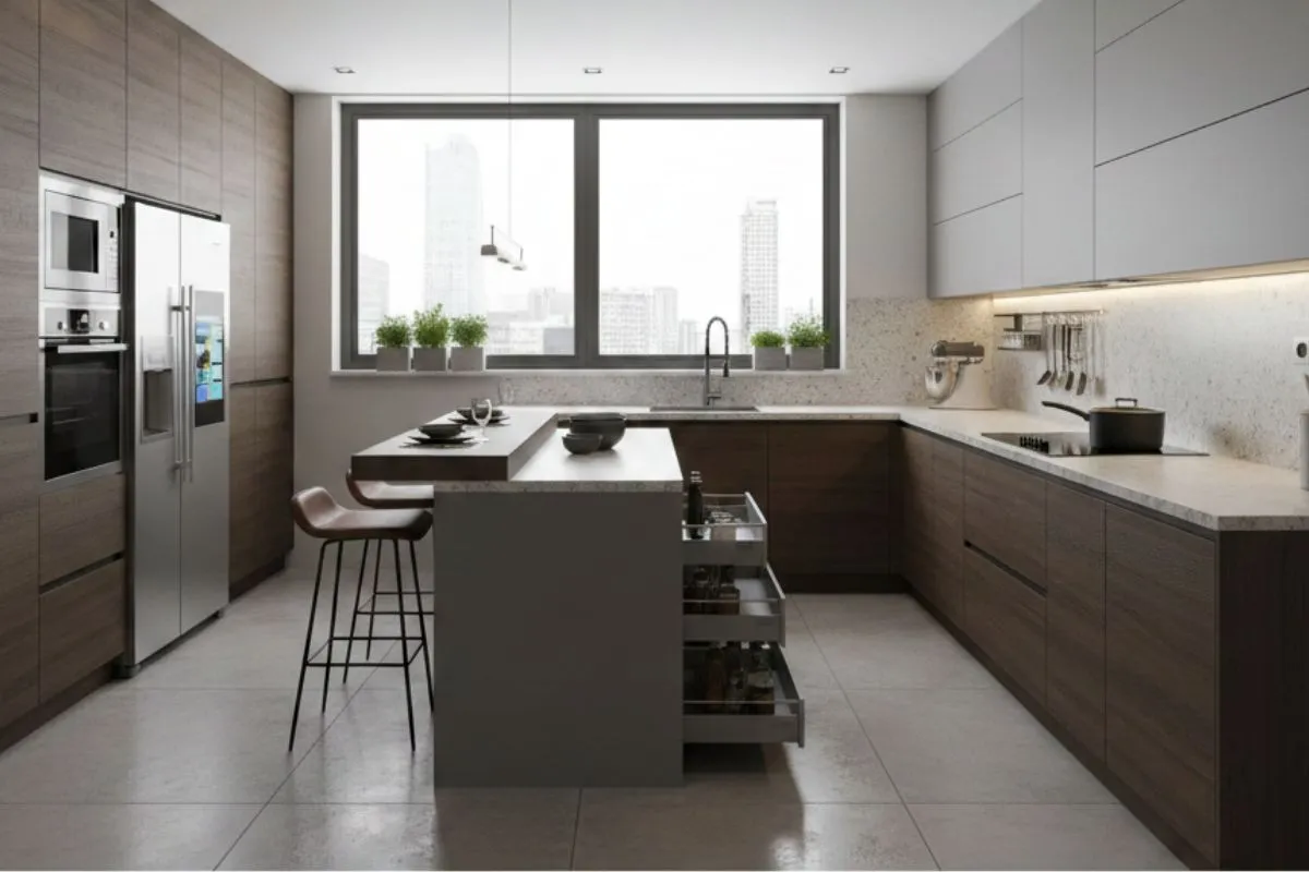A modern, sleek modular kitchen with dark wood cabinets, a grey island with pulled-out drawers, and a large window.