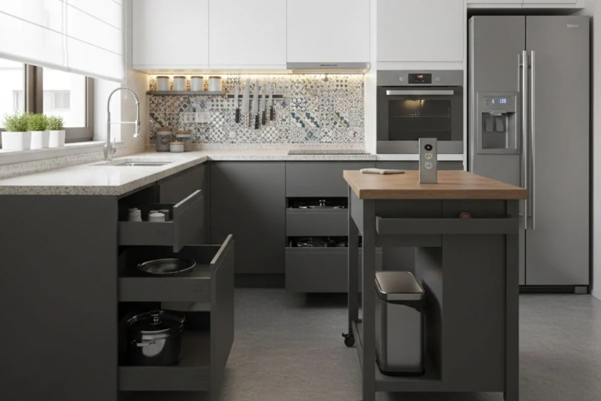 Compact Indian Kitchen Interior designed for efficiency. Dark grey cabinets with smart pull-out drawers for storage, a small island, and a light patterned backsplash optimize the space.