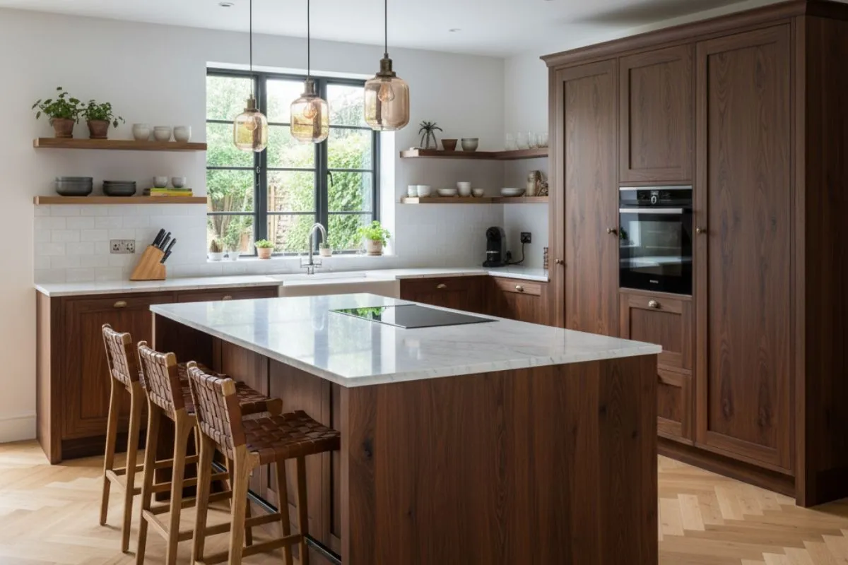 A luxurious kitchen with solid wood cabinets and a marble island, illustrating Modular Kitchen Materials like solid wood that can warp or swell from humidity.