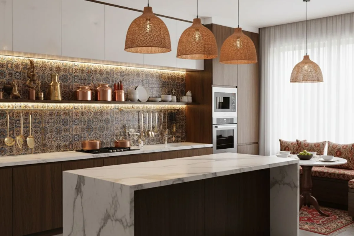 Traditional meets modern in this Indian Kitchen Interior. Warm wood cabinets, intricate golden backsplash tiles, copper utensils on shelves, and woven hanging lights add a classic touch.