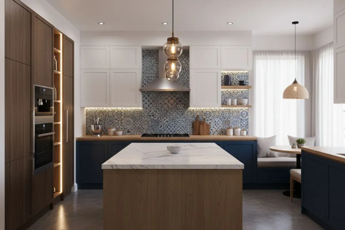 Elegant Indian Kitchen Interior showcasing smart lighting. Navy and white cabinets paired with blue patterned tiles, under-cabinet lights, and a sleek marble island create a warm glow.
