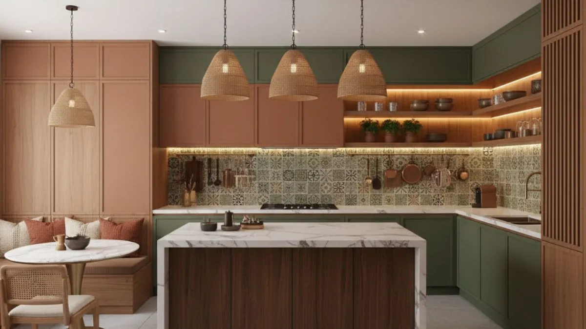 Modern Indian Kitchen Interior with green and terracotta cabinets, traditional patterned tiles, woven pendant lights, and a marble island with a cozy breakfast nook for family meals.