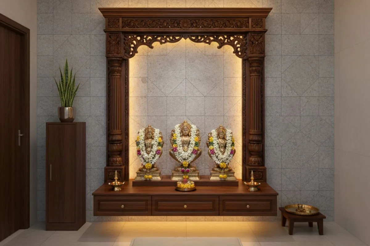 Elegant Pooja Room Designs with a simple grey textured wall and rich, carved dark wood mandir for a sophisticated look.