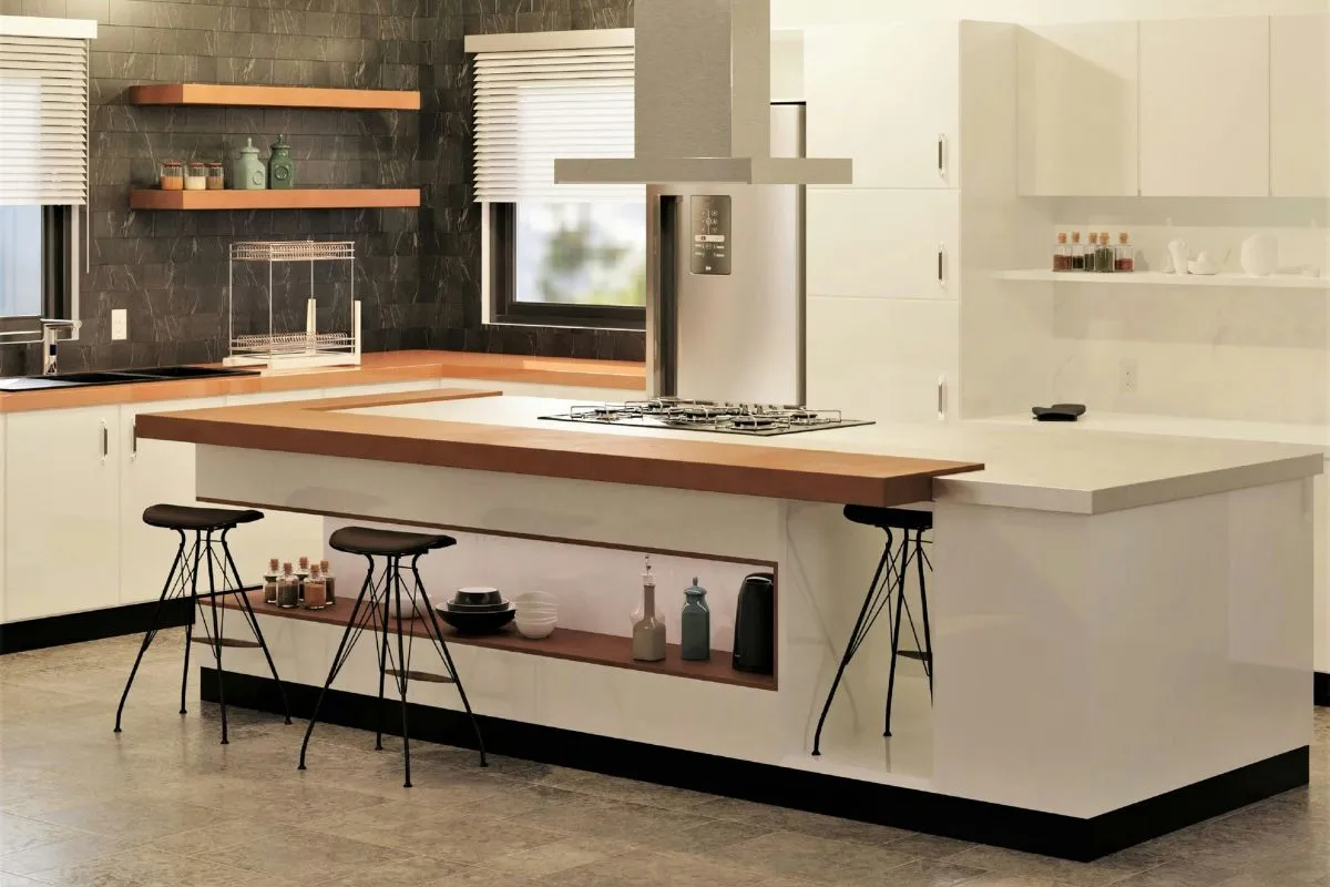 A contemporary white open modular kitchen featuring a large central island with bar stools and a built-in stove.