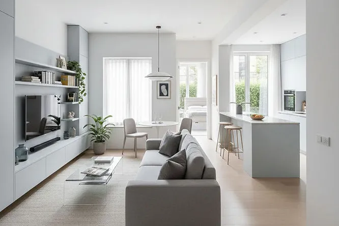 A bright, modern 300 Sq Ft House Interior that feels like 600 Sq Ft. It shows a living area, kitchen, and a separate bedroom through a doorway, using smart layout tricks to look big and real.